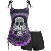 Rosegal Womens Plus Size Skull Rose Tie Dye Print Cinched Ruched Tie Boyshorts Tankini Swimsuit Set(Purple)