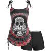 Rosegal Womens Plus Size Skull Rose Tie Dye Print Cinched Ruched Tie Boyshorts Tankini Swimsuit Set(Red_3)