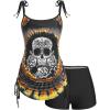 Rosegal Womens Plus Size Skull Rose Tie Dye Print Cinched Ruched Tie Boyshorts Tankini Swimsuit Set(Yellow_1)