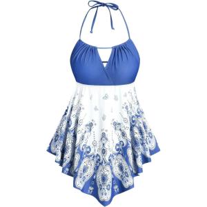 ROSE GAL 3D Figure Butterfly Printed Halter Ruched Tankini Sswimsuit(Blue)