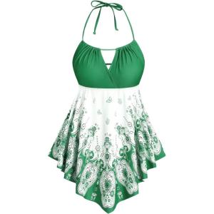 ROSE GAL 3D Figure Butterfly Printed Halter Ruched Tankini Sswimsuit(Green)