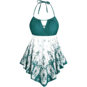 ROSE GAL 3D Figure Butterfly Printed Halter Ruched Tankini Sswimsuit(Green_2)