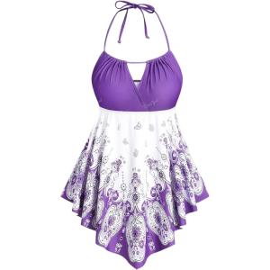 ROSE GAL 3D Figure Butterfly Printed Halter Ruched Tankini Sswimsuit(Purple-2)