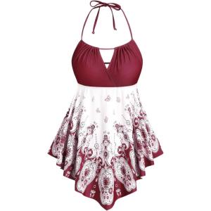ROSE GAL 3D Figure Butterfly Printed Halter Ruched Tankini Sswimsuit(Wine Red)