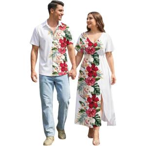 ROSE GAL Matchable Couples Hawaiian Men Shirt and Women Vintage V-Neck Split Dress(Women/White)