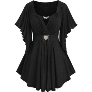 ROSE GAL Plus Size Chain Panel Belted Butterfly Sleeve Surplice Top(Black)
