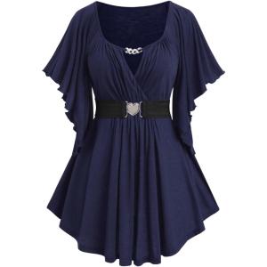 ROSE GAL Plus Size Chain Panel Belted Butterfly Sleeve Surplice Top(Blue)