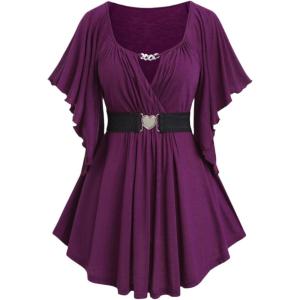ROSE GAL Plus Size Chain Panel Belted Butterfly Sleeve Surplice Top(Concord_01)