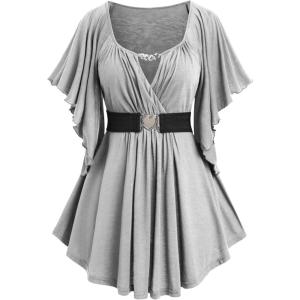 ROSE GAL Plus Size Chain Panel Belted Butterfly Sleeve Surplice Top(Gray)