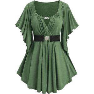 ROSE GAL Plus Size Chain Panel Belted Butterfly Sleeve Surplice Top(Green)