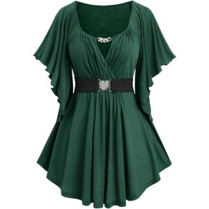 ROSE GAL Plus Size Chain Panel Belted Butterfly Sleeve Surplice Top(Green_2)