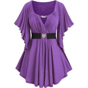 ROSE GAL Plus Size Chain Panel Belted Butterfly Sleeve Surplice Top(Purple)