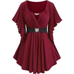 ROSE GAL Plus Size Chain Panel Belted Butterfly Sleeve Surplice Top(Red_1)