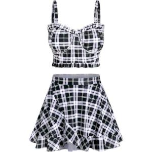 ROSE GAL Plus Size Ruffles Flounce Padded Plaid Three Piece Skirt Tankini Swimsuit(Black)