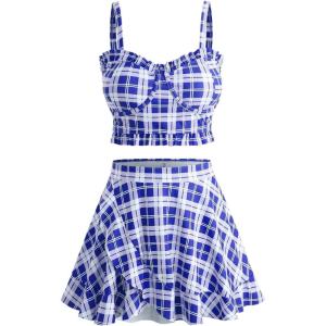 ROSE GAL Plus Size Ruffles Flounce Padded Plaid Three Piece Skirt Tankini Swimsuit(Blue)