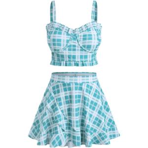 ROSE GAL Plus Size Ruffles Flounce Padded Plaid Three Piece Skirt Tankini Swimsuit(Green)