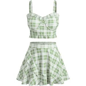 ROSE GAL Plus Size Ruffles Flounce Padded Plaid Three Piece Skirt Tankini Swimsuit(Green_1)