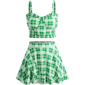 ROSE GAL Plus Size Ruffles Flounce Padded Plaid Three Piece Skirt Tankini Swimsuit(Green_2)