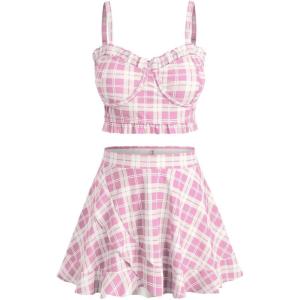 ROSE GAL Plus Size Ruffles Flounce Padded Plaid Three Piece Skirt Tankini Swimsuit(Light Red)
