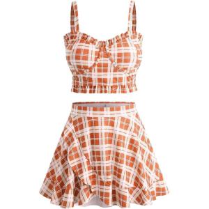 ROSE GAL Plus Size Ruffles Flounce Padded Plaid Three Piece Skirt Tankini Swimsuit(Orange)