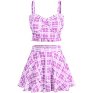ROSE GAL Plus Size Ruffles Flounce Padded Plaid Three Piece Skirt Tankini Swimsuit(Pink)