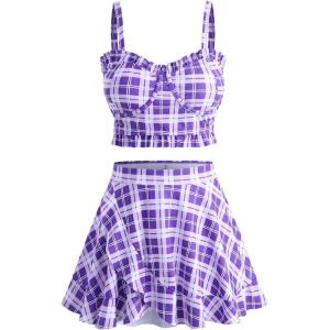 ROSE GAL Plus Size Ruffles Flounce Padded Plaid Three Piece Skirt Tankini Swimsuit(Purple)