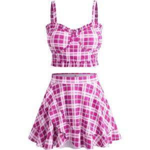 ROSE GAL Plus Size Ruffles Flounce Padded Plaid Three Piece Skirt Tankini Swimsuit(Red)