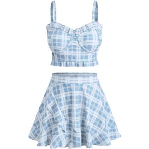 ROSE GAL Plus Size Ruffles Flounce Padded Plaid Three Piece Skirt Tankini Swimsuit(Sky Blue)