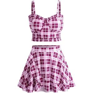 ROSE GAL Plus Size Ruffles Flounce Padded Plaid Three Piece Skirt Tankini Swimsuit(Wine Red)