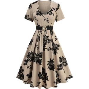 ROSE GAL Plus Size Women’s 50s Elegant Square Neck Vintage Cocktail Party Dress Short Sleeves Dress(Coffee_1)
