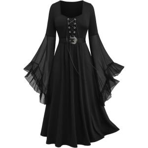 ROSE GAL Rosegal Plus Size Costumes Dress for Women Medieval Bell Sleeves Lace-up Midi Dress Halloween Dress(Black_1)