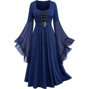 ROSE GAL Rosegal Plus Size Costumes Dress for Women Medieval Bell Sleeves Lace-up Midi Dress Halloween Dress(Blue_1)
