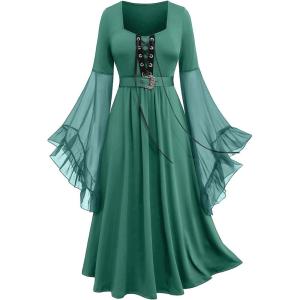 ROSE GAL Rosegal Plus Size Costumes Dress for Women Medieval Bell Sleeves Lace-up Midi Dress Halloween Dress(Green_2)