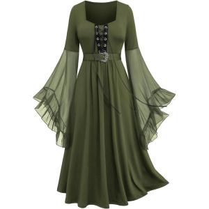 ROSE GAL Rosegal Plus Size Costumes Dress for Women Medieval Bell Sleeves Lace-up Midi Dress Halloween Dress(Green_3)