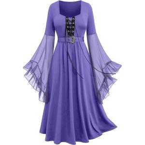 ROSE GAL Rosegal Plus Size Costumes Dress for Women Medieval Bell Sleeves Lace-up Midi Dress Halloween Dress(Purple_2)