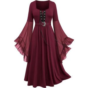 ROSE GAL Rosegal Plus Size Costumes Dress for Women Medieval Bell Sleeves Lace-up Midi Dress Halloween Dress(Red_1)