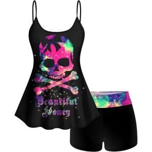 ROSE GAL Rosegal Plus Size Women Gothic Tummy Control Tankini Swimsuit Skull Glitter Print Boyleg Padded Tankini Swimwear(Black_5)