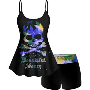 ROSE GAL Rosegal Plus Size Women Gothic Tummy Control Tankini Swimsuit Skull Glitter Print Boyleg Padded Tankini Swimwear(Blue_2)
