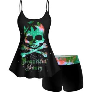 ROSE GAL Rosegal Plus Size Women Gothic Tummy Control Tankini Swimsuit Skull Glitter Print Boyleg Padded Tankini Swimwear(Green_1)