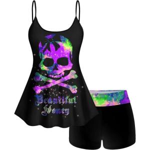 ROSE GAL Rosegal Plus Size Women Gothic Tummy Control Tankini Swimsuit Skull Glitter Print Boyleg Padded Tankini Swimwear(Purple_1)