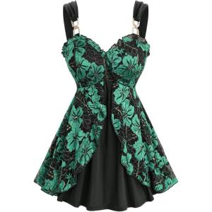 ROSE GAL Rosegal Women Plus Size Elegant Summer Babydoll Tank Top Floral Lace Overlay Peplum Hem Surplice Tank Top(Green_2)