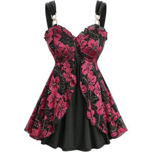 ROSE GAL Rosegal Women Plus Size Elegant Summer Babydoll Tank Top Floral Lace Overlay Peplum Hem Surplice Tank Top(Red_1)