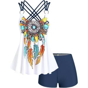 ROSE GAL Rosegal Women Plus Size Modest Tankini Swimsuit Feather Strappy Crisscross Swimwear(Blue_1)