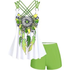 ROSE GAL Rosegal Women Plus Size Modest Tankini Swimsuit Feather Strappy Crisscross Swimwear(Green_2)