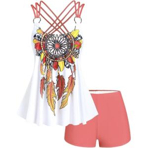 ROSE GAL Rosegal Women Plus Size Modest Tankini Swimsuit Feather Strappy Crisscross Swimwear(Orange_1)