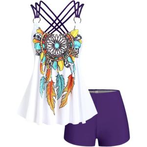 ROSE GAL Rosegal Women Plus Size Modest Tankini Swimsuit Feather Strappy Crisscross Swimwear(Purple_1)