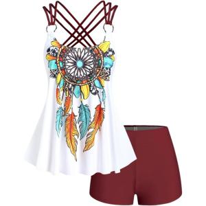 ROSE GAL Rosegal Women Plus Size Modest Tankini Swimsuit Feather Strappy Crisscross Swimwear(Red_1)