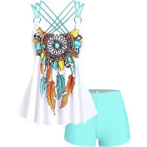 ROSE GAL Rosegal Women Plus Size Modest Tankini Swimsuit Feather Strappy Crisscross Swimwear(White_100)
