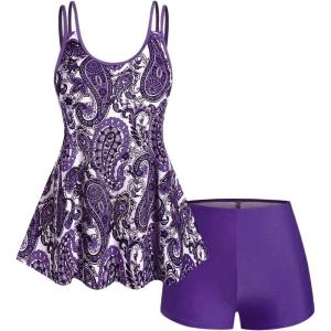 ROSE GAL Rosegal Womens Plus Size Bohemian Paisley Print Tankini Swimwear with Boyshorts(Purple_1)