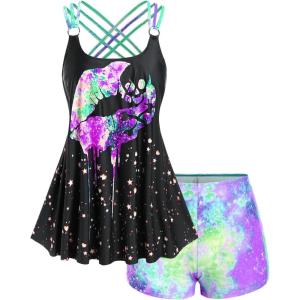 ROSE GAL Rosegal Womens Plus Size Lip Printed Padded Boyleg Strappy Tankini Swimsuit(Black_1)